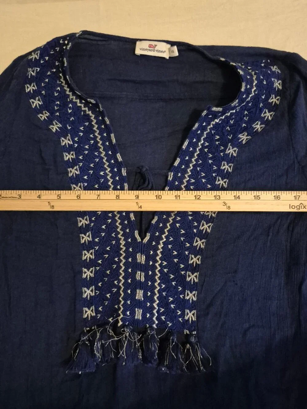 VINEYARD VINES Navy Embroidered Tassel Cover-Up XS Boho Coastal Beach Resortwear